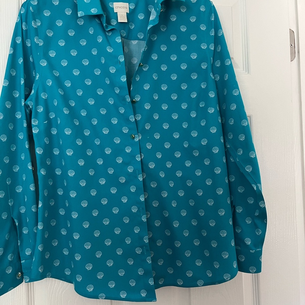 Chico's Teal Shell-Print Button-Down Shirt